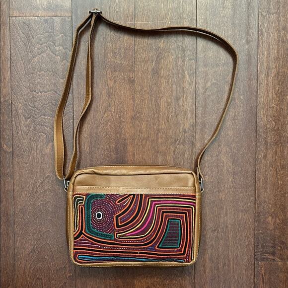 Handbags - Artisan Mola and Leather Crossbody Bag with Multicolor Pattern